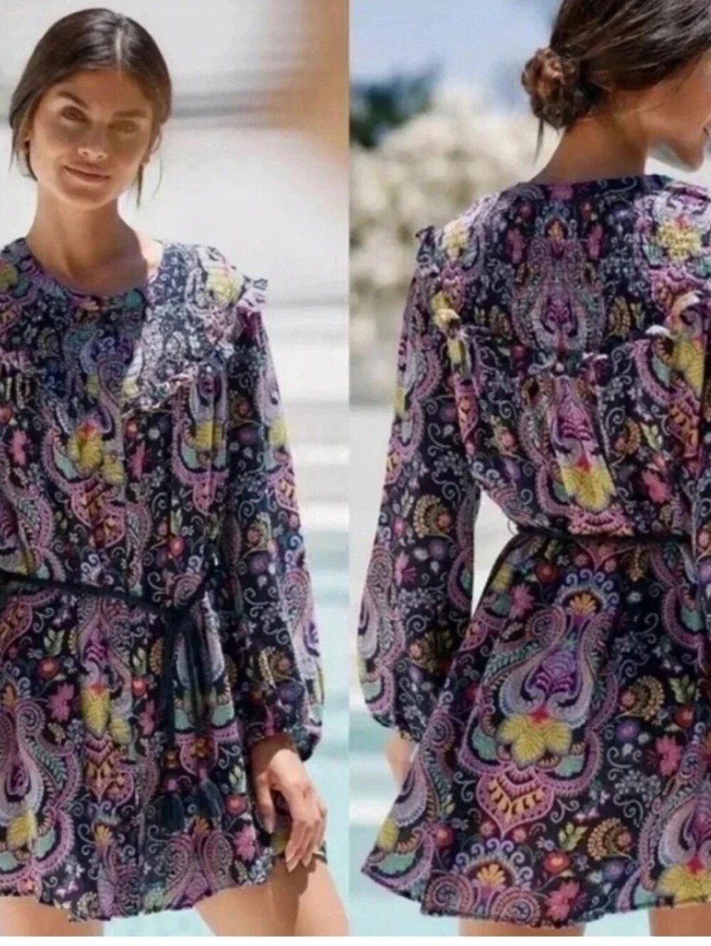 Anthropologie Paisley Ruffle Mini Dress in Black, Pink & Yellow